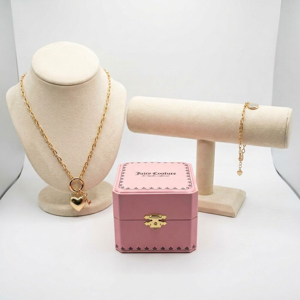Vintage Juicy Couture Chunky Gold Tone Heart Charm Necklace + Bracelet Read
